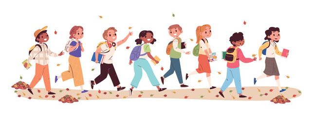 Students go school. Row student back to class in autumn, schooler kids with book and backpack children walk boy girl bag study education learning lessons classy vector illustration