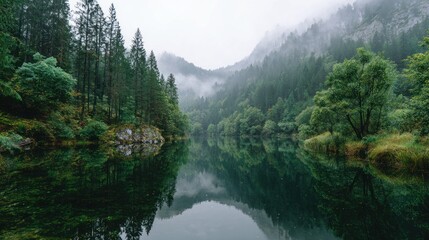 Serene Lake Amidst Misty Mountains: A tranquil lake reflects the majestic mountain landscape on an overcast day, with the mist gently blanketing the peaks in this natural scenery.