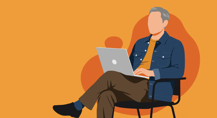 Mature man casually working on a laptop, embodying remote productivity and digital lifestyle. Ideal for business, education, or technology themes.