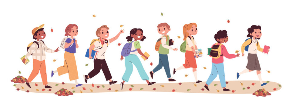 Students go school. Row student back to class in autumn, schooler kids with book and backpack children walk boy girl bag study education learning lessons classy vector illustration - Powered by Adobe