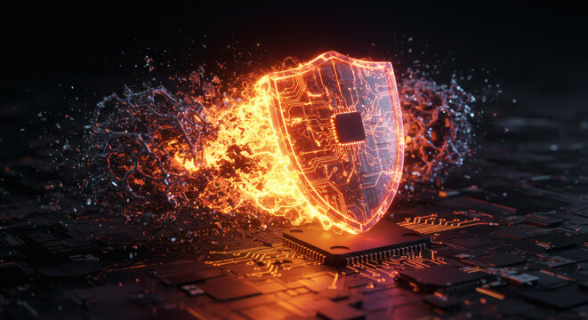 Advanced digital defense and internet security concept with a fiery holographic shield protecting a microprocessor from cyber attacks