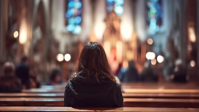 woman praying in church, back view