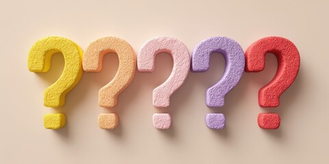 The question marks in pastel colors arranged in a row with soft shadows