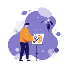 Man adjusting settings on a screen in a creative studio, focusing on audio production or technical support. Ideal for business, media, and technology concepts.