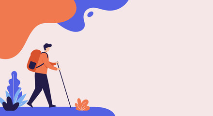 Illustration of a man hiking with a backpack and walking stick, symbolizing adventure, travel, and exploration in nature. Ideal for lifestyle and healthy living concepts.
