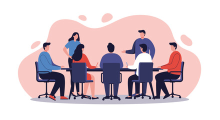 Diverse business team collaborating in a meeting. Ideal for concepts of teamwork, strategy, planning, and corporate discussion. Professional workspace illustration.