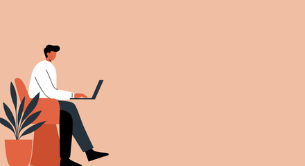 Minimalist illustration of a man working remotely on a laptop, comfortably seated at home. Ideal for business, technology, and lifestyle concepts like online education or freelancing.