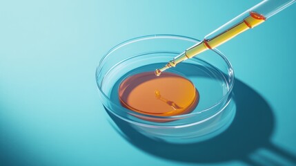A pipette dispensing liquid into a petri dish, illustrating scientific research and experimentation.
