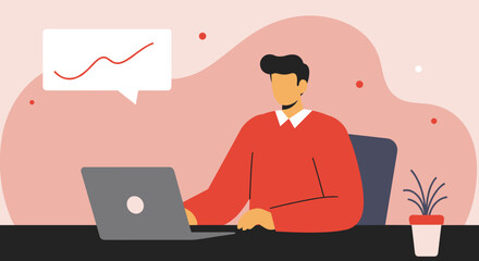 Professional man working on a laptop, analyzing financial data or market trends, with a rising graph indicating growth. Suitable for business, investment, and remote work themes.