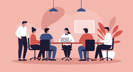 Diverse business team collaborating in a modern office meeting, discussing strategy and planning for growth. Professional corporate environment.