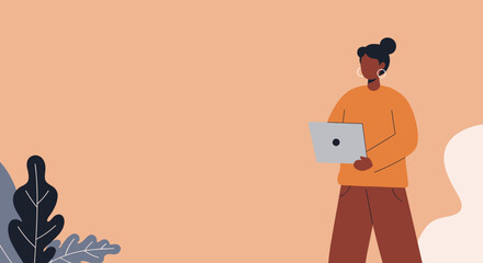 Woman using laptop for work, education, or creative tasks. Modern illustration for business, technology, and lifestyle concepts, symbolizing productivity and digital connection.