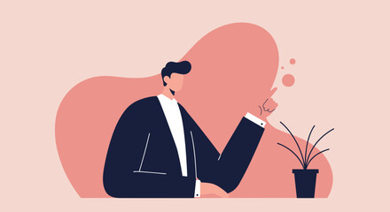 A confident businessman in a suit points upwards, presenting an idea or concept. Ideal for business, corporate communication, or educational content. Focus on innovation, strategy, and growth.