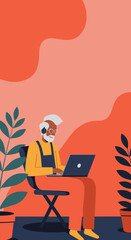 Happy senior man with headphones using a laptop at home, embracing technology for remote work, learning, or leisure in a vibrant, modern setting.