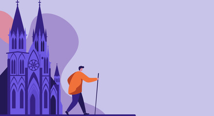 A traveler with a staff walks past a grand gothic cathedral, representing a spiritual journey, European travel, or cultural exploration.