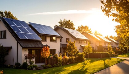 Residential homes with solar panels on roofs at sunset