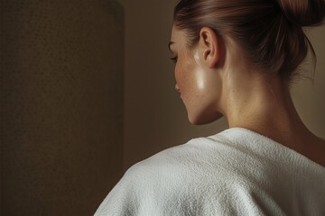 Close-up of a woman's neck and shoulders with dewy skin in soft lighting. Wellness, spa, beauty campaign ad