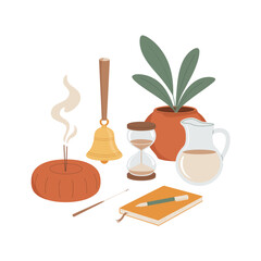 Mindfulness Still Life with Incense Bell Hourglass and Journal Illustration Calm and Peaceful Decorative Elements