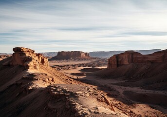 A vast desert landscape showcases dramatic sandstone formations under a pale, partly cloudy sky.