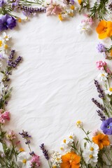 Frame of flowers on textured white paper in vibrant purple and yellow tones. Blank copy space