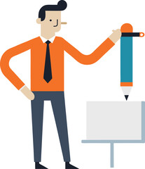 Businessman Drawing on Whiteboard with Large Pencil, Vector Illustration
