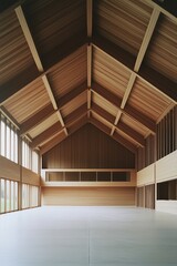 Interior view of very long and deep gymnasium hall with a gable roof, big openings where nature almost comes in the hall, second floor standing room, made of wood gable roof and concrete floor