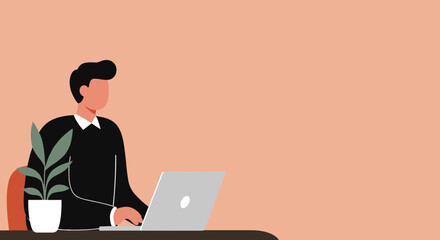 Illustration of a man working diligently on a laptop, depicting modern work life, online learning, or digital business in a clean, contemporary setting.