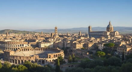 Obraz premium Panoramic view of ancient arena and city, showcasing historical architecture and landscape.