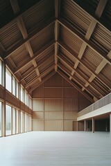 Interior view of very long and deep gymnasium hall with a gable roof, big openings where nature almost comes in the hall, second floor standing room, made of wood gable roof and concrete floor