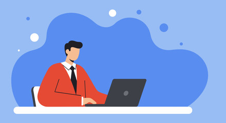 Professional businessman working diligently on his laptop at a desk. Ideal for concepts of productivity, remote work, online learning, or corporate success.