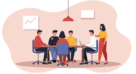 Diverse business team collaborating in a modern office meeting, discussing strategy and project development with laptops. Focus on teamwork and productivity.