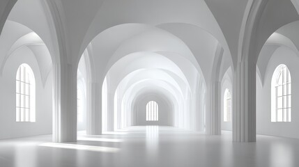 Geometric Elegance: A bright and open room with arches is bathed in soft light, a serene space defined by its simple yet striking architecture and inviting atmosphere.