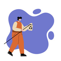 Person cleaning up with a trash picker and a recycling bag, symbolizing environmental protection and sustainable living. Useful for eco-friendly initiatives.