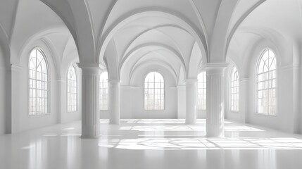 Elegant Architectural Space: A clean, minimalist interior, bathed in natural light. Architectural details like arches and columns define a sense of spaciousness and grandeur.