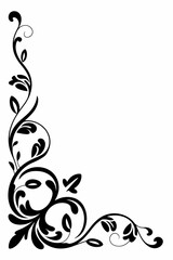 Elegant black floral corner flourish design silhouette isolated on white background
