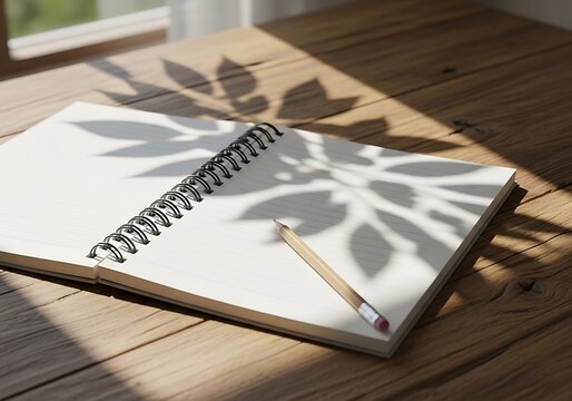 Open notebook with pencil, sunlight and shadow