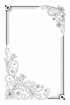 Elegant floral corner border design with swirling vines and flowers isolated on white background silhouette
