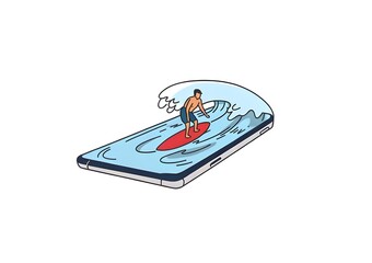 Man surfing on a giant wave emerging from a smartphone screen