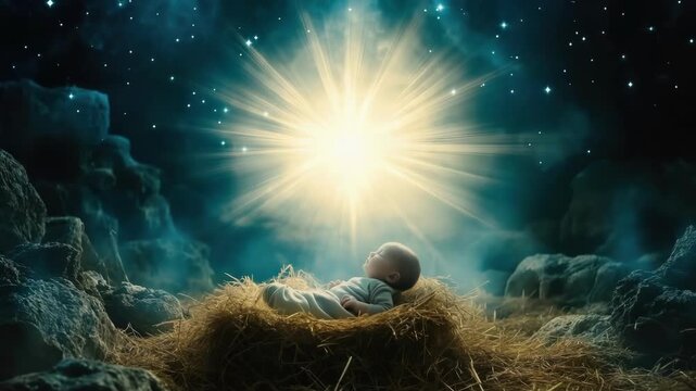 Newborn baby in manger under glowing starry sky at night. Merry Christmas, Nativity, Xmas, Noel, Navidad - Global Winter Holiday, Christian Religious Celebration. Happy New Year