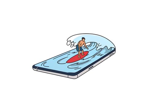 Man surfing on a giant wave emerging from a smartphone screen
