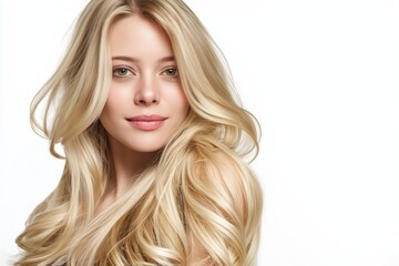 Fototapeta premium Close-up portrait of blonde woman with shiny wavy hair on white background.