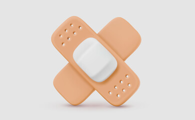 Vector illustration of realistic medical plaster on color background. 3d cartoon style design of cross hospital band. Medical symbol of band aid icon