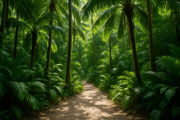 Obraz premium Tropical Forest Path Surrounded by Tall Palm Trees