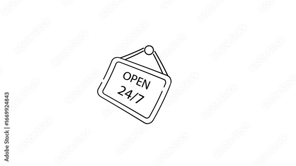 Poster open 24 by 7 line animation. open 24 by 7 animation for business needs. perfect for storefronts, web