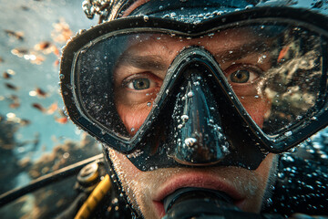 Close-up of a scuba diver's face underwater with diving mask and bubbles surrounding the lens
