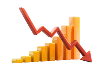 3D bar chart and downward trend arrow symbolizing bankruptcy, isolated on transparent cutout background