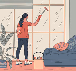 Woman washes window in room. Girl cleans at home. Home chores, housekeeping. Maid doing housework. Service for cleaning an apartment or office. Vector illustration in flat style.