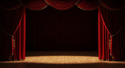 Red theater curtains on wooden stage