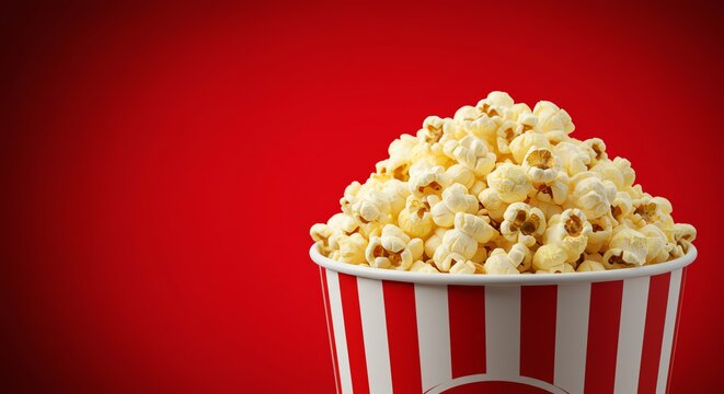 Popcorn in striped bucket against red background