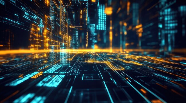 Futuristic digital city, glowing code