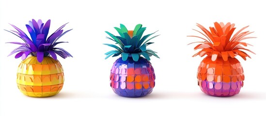 Three colorful, stylized pineapple figurines with vibrant hues and geometric patterns on a white background.